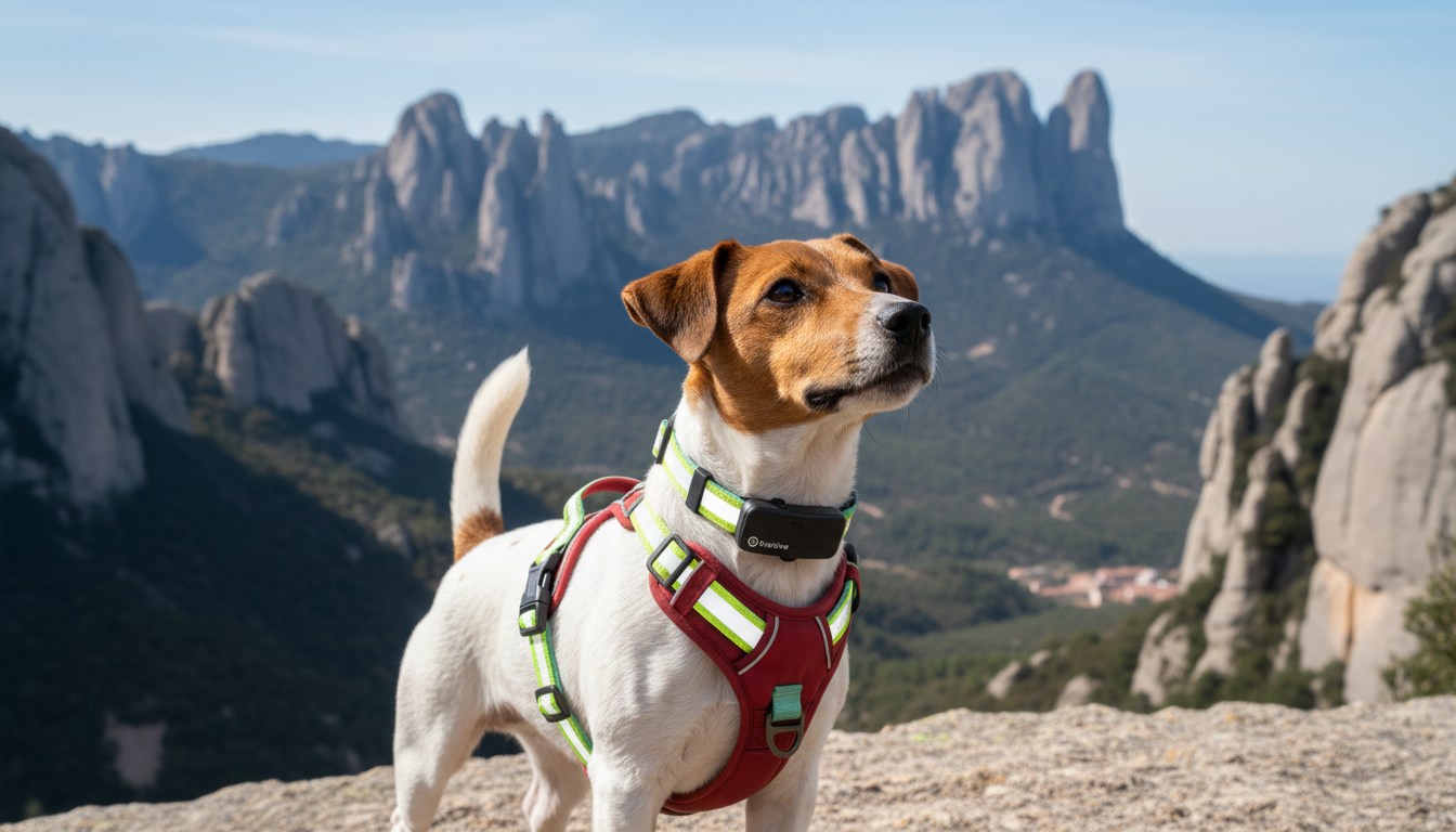 Shena Jack Russell Terrier con arnés GPS LED amarillo y collar anti-pérdida en montaña - Equipamiento outdoor profesional Velora Market España